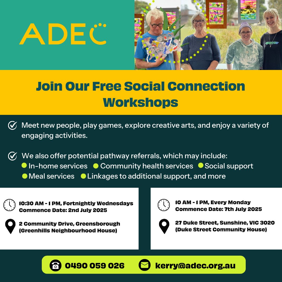ADECnfp's tweet photo. Feeling Isolated? Let’s Get You Connected!
ADEC’s Social Connection Program is here to help seniors and people with disability reconnect with the community, make new friends, and enjoy fun, meaningful activities. https://t.co/PmIx8UsW1r