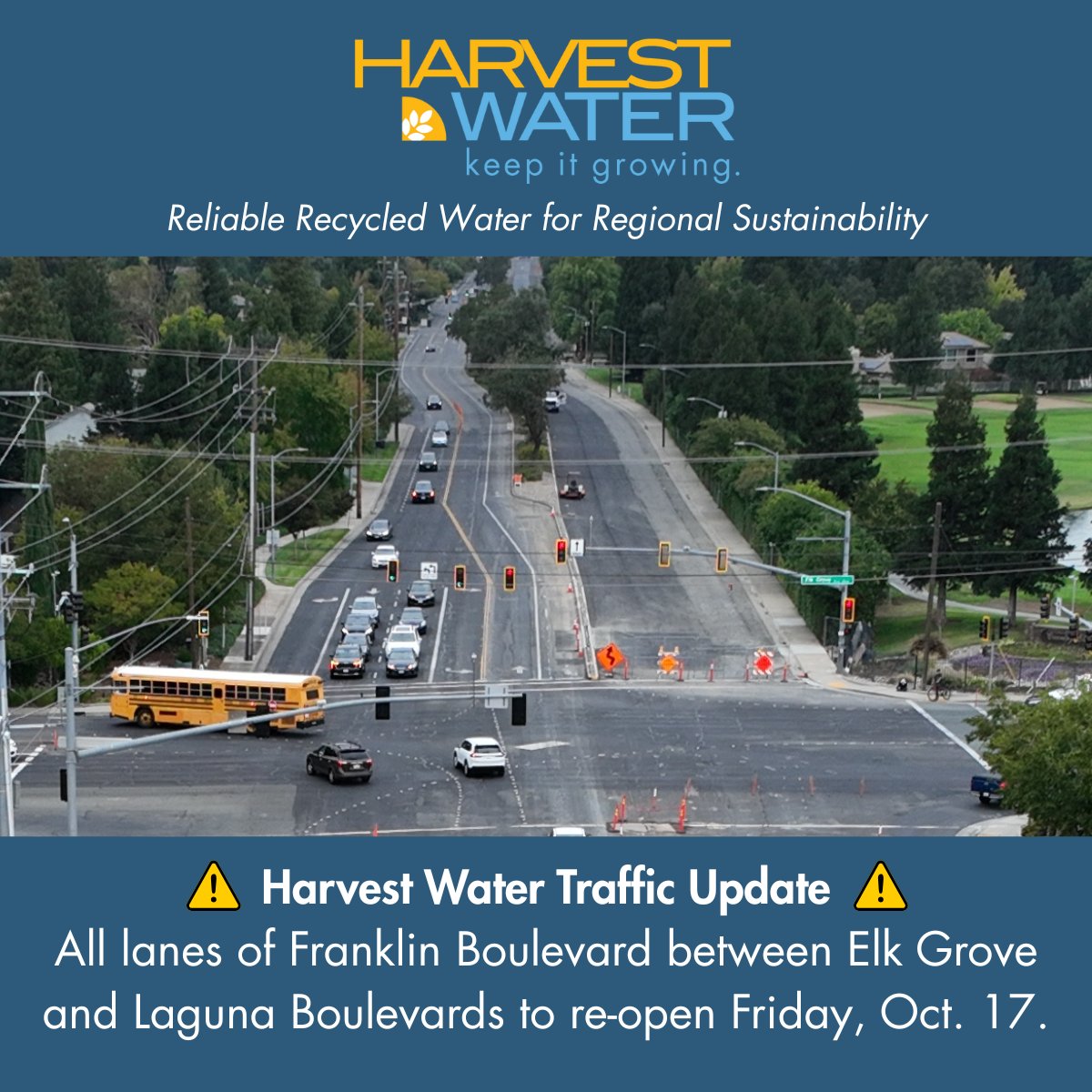Important Traffic Alert! 🚧

On Friday, October 17, all lanes of Franklin Boulevard between Elk Grove and Laguna Boulevards will re-open! This includes the re-opening of the Roselin Way/Franklin Boulevard intersection, and the Laguna Creek Town Center driveway on Franklin. 

Work