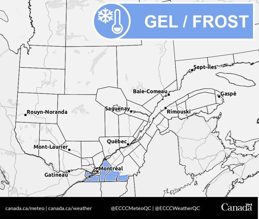 ECCCWeatherQC's tweet image. ❄️ A frost advisory is in effect for southern Quebec overnight Wednesday to Thursday, and again the following night. Check the map to see if your area is affected. For exact timing in your region 👉 ow.ly/ZPu350XbpQe
#QCstorm