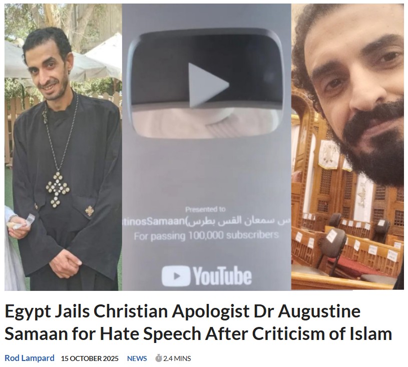 Rod Lampard (@rod_lampard) on Twitter photo Egypt’s Islamic hate speech laws have claimed yet another victim.
Christian author and apologist Dr Augustine Samaan was detained in early October.
According to <a href="/CoptSolidarity/">Coptic Solidarity</a> , his only "crime" is criticising Islam.
Here's coverage with commentary for <a href="/TheCanDec/">The Canberra Declaration</a> Egypt’s Islamic hate speech laws have claimed yet another victim.
Christian author and apologist Dr Augustine Samaan was detained in early October.
According to <a href="/CoptSolidarity/">Coptic Solidarity</a> , his only "crime" is criticising Islam.
Here's coverage with commentary for <a href="/TheCanDec/">The Canberra Declaration</a>