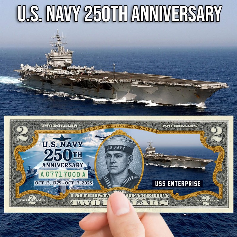 ProudPatriots1's tweet photo. The Mint has authorized a release of this collectible $2 bill to commemorate the 250th Anniversary of the U.S. Navy, which was established on October 13, 1775.

All orders will be eligible to receive a free matching half dollar commemorative coin.  Limit of 3 per household.