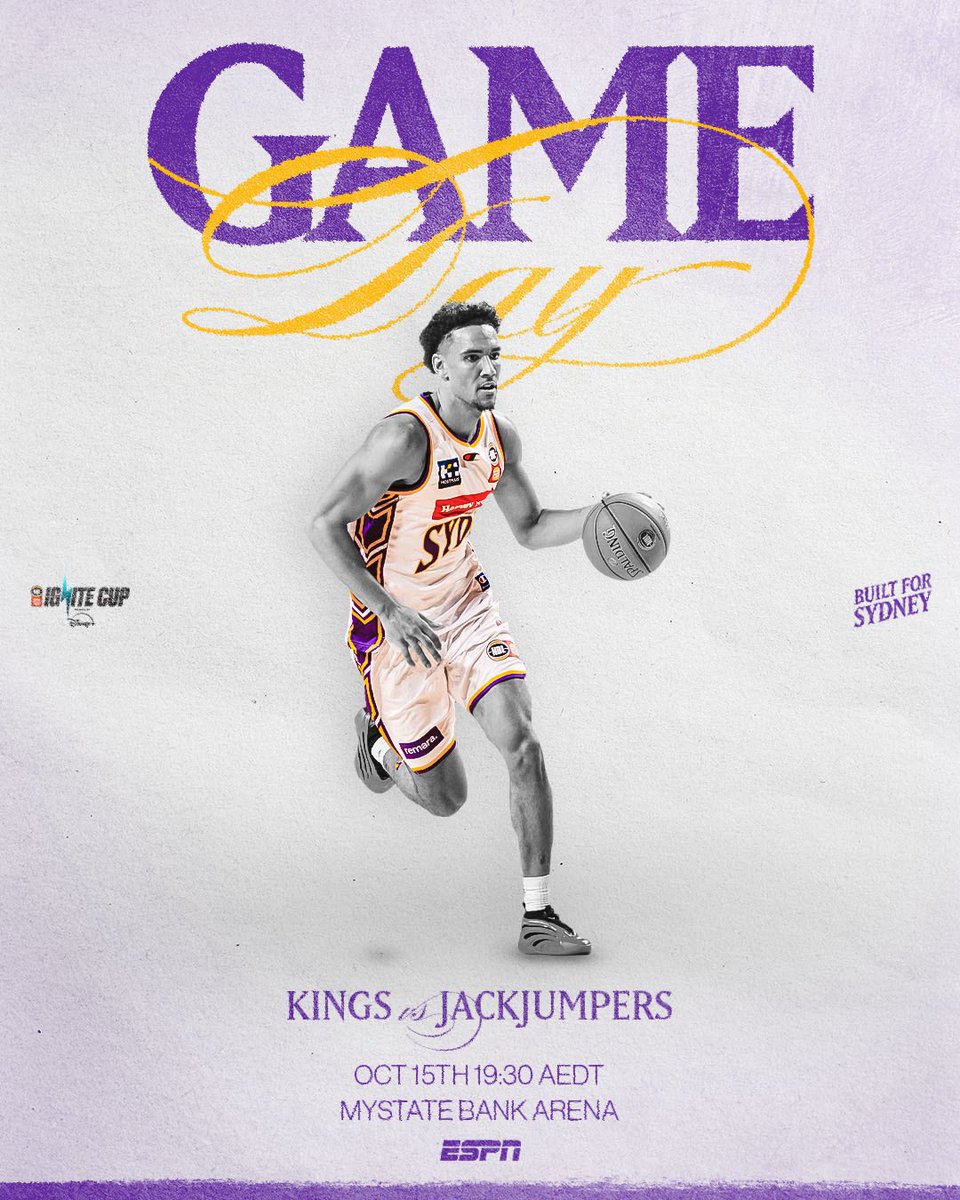 SydneyKings's tweet image. GAME DAY 💜💛

We’re back on the road as we face the JackJumpers in our second game of the Ignite Cup.

Tip-off 7:30PM AEDT at MyState Bank Arena.

📺 Live on ESPN

#BuiltForSydney