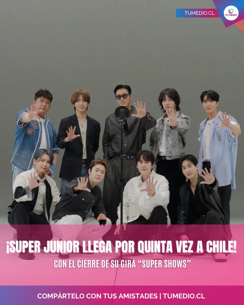 🇨🇱 ¡Atención ELF de Chile! 

#SuperJunior vuelve por quinta vez para celebrar 20 años de carrera con su gira “Super Shows” 🎉🔥 

Última parada: Santiago, 18 de octubre. ¡No te lo pierdas! 🎤✨ 

#SJ20Years #SuperJuniorEnChile 🙌🎶 #