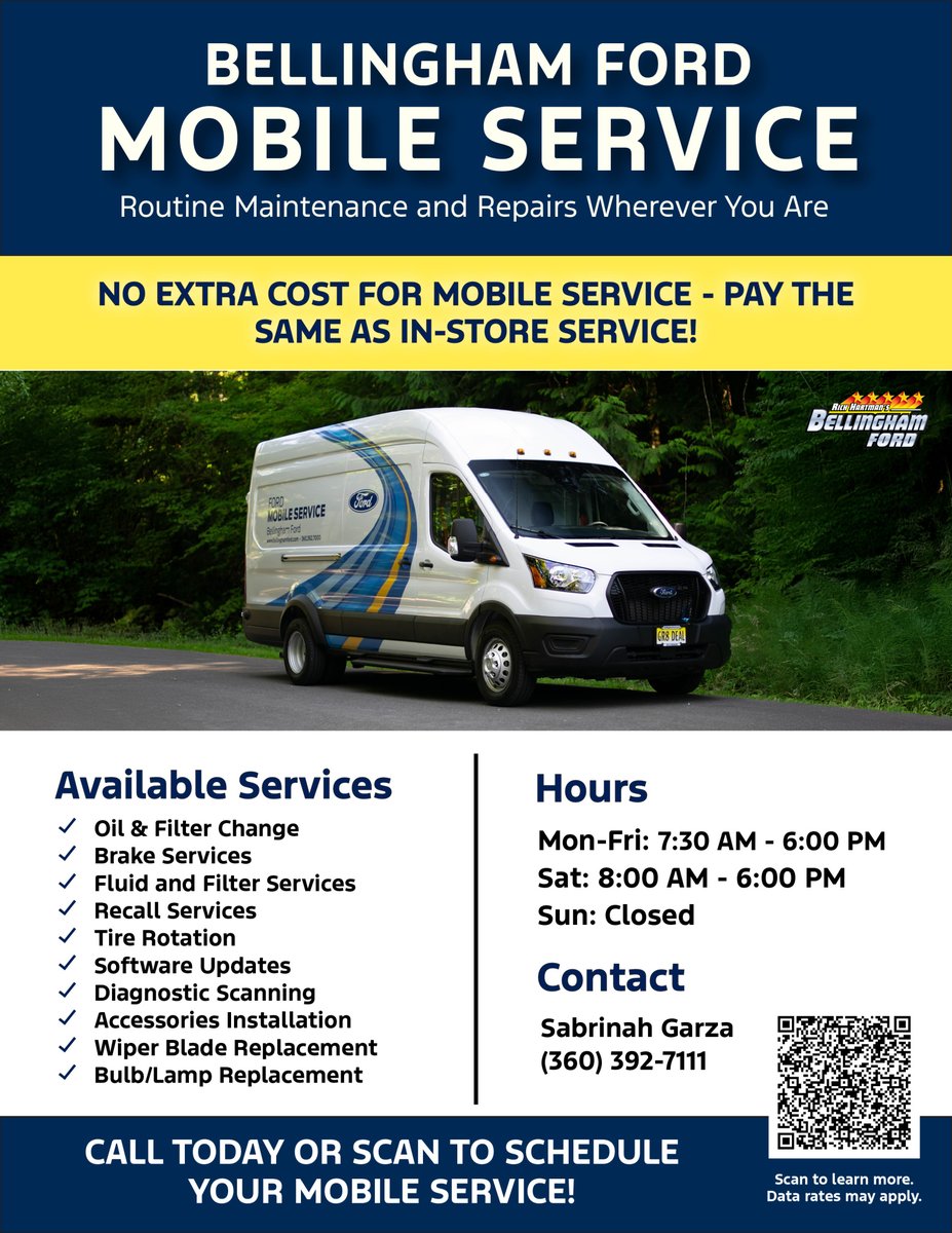 BellinghamFord's tweet photo. Why drive to us when we can come to you? 🚗✨
Our Mobile Service costs the same as in-store service — just easier and more convenient! https://t.co/31RLW7JpPb