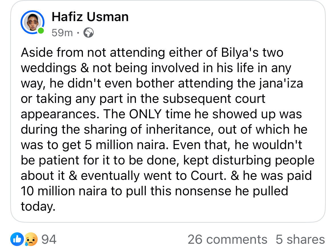 Hafiz Usman (late Bilyaminu’s relative) wrote about Maryam Sanda’s father-in-law who countered a statement issued by Bello Haliru (Bilyaminu’s guardian) and endorsed Tinubu’s pardon of his son’s killer.  Ptooey! 🗣️💦