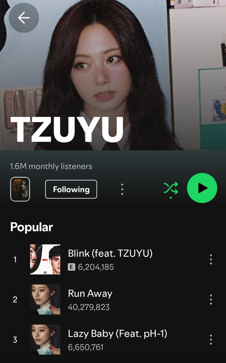 Tzuyu has now reached 1.6M monthly listeners 🔥🔥

🔗open.spotify.com/artist/1arCVYX…

On tzuyu's profile BLINK is now the 3rd song to reach 6 million. 

#TZUYU #TWICE #쯔위