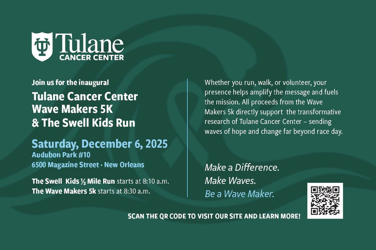 Rare Cancers for Tulane Cancer Center’s Wave Makers 5K is taking place Saturday, December 6, at Audubon Park! This event is about more than just the race. It’s about honoring survivors, remembering loved ones, and supporting those still facing cancer.