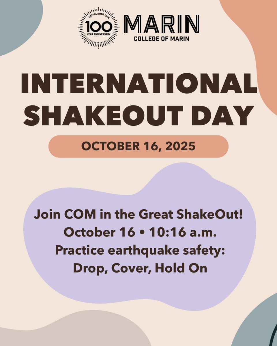Join millions around the world for International ShakeOut Day this Thursday, October 16 at 10:16 a.m. and practice earthquake safety. 
Drop, Cover, Hold On!

Make sure your contact info is up to date at marin.edu/police.