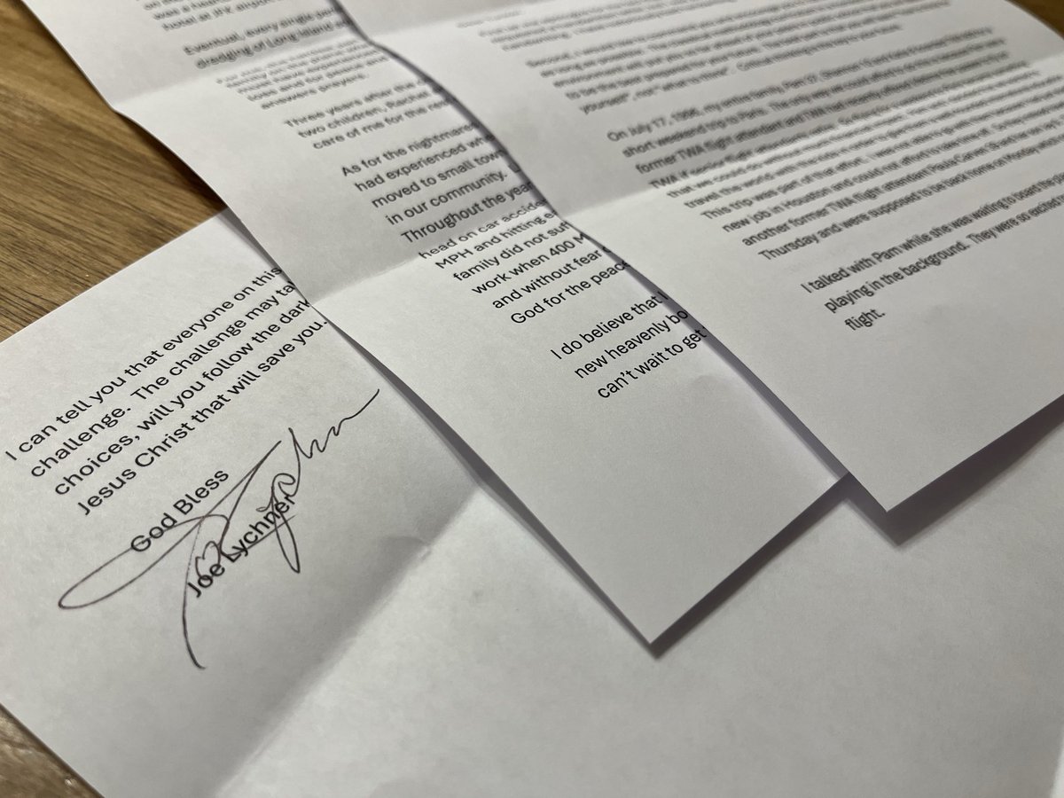 Many of my letters are meant to be a comfort to those I write to. Sometimes their replies can bring your entire day to a stop, just to process the emotions. 

Today was one of those moments, with a letter from Mr. Joe Lychner, who lost his wife and children on TWA 800 in 1996.