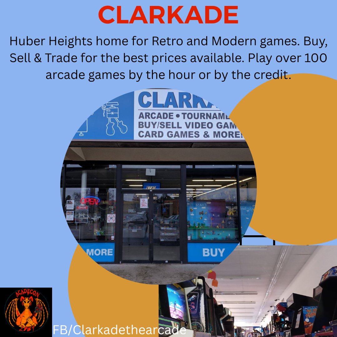 TheRpgAcademy's tweet photo. Lets shout out another local business helping share AcadeCon with folks - Clarkade

Get your game on in Huber Heights!

#Arcade  #ClassicVideoGames #HuberheightsOH https://t.co/yNeV70ZNEJ