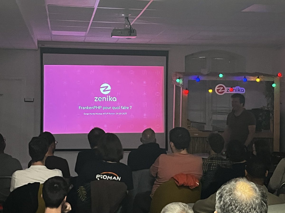 Had a great time for our <a href="/AFUP_rennes/">AFUP Rennes</a> meetup at <a href="/ZenikaRennes/">Zenika Rennes</a> 🔥<a href="/manoncarbonnel_/">Mamie Manon Carbonnel</a> talked about UI craft with the DOM as an API.
Then Serge Hardy presented FrankenPHP and took us on a live benchmark.
Can't wait for the next one, thanks for everyone present 🫶