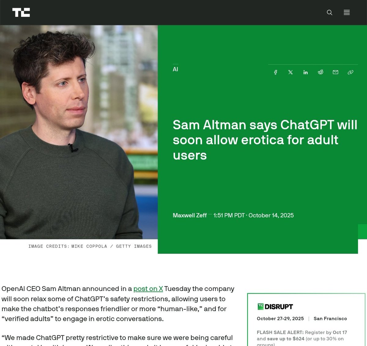 JorCodeAI's tweet image. ChatGPT is getting a lot more 'adult' 🔞
Sam Altman just announced a HUGE shift in OpenAI's content policy: ChatGPT will soon allow the generation of erotica for verified adult users!
This content relaxation is part of the "treat adult users like adults" principle and will roll…