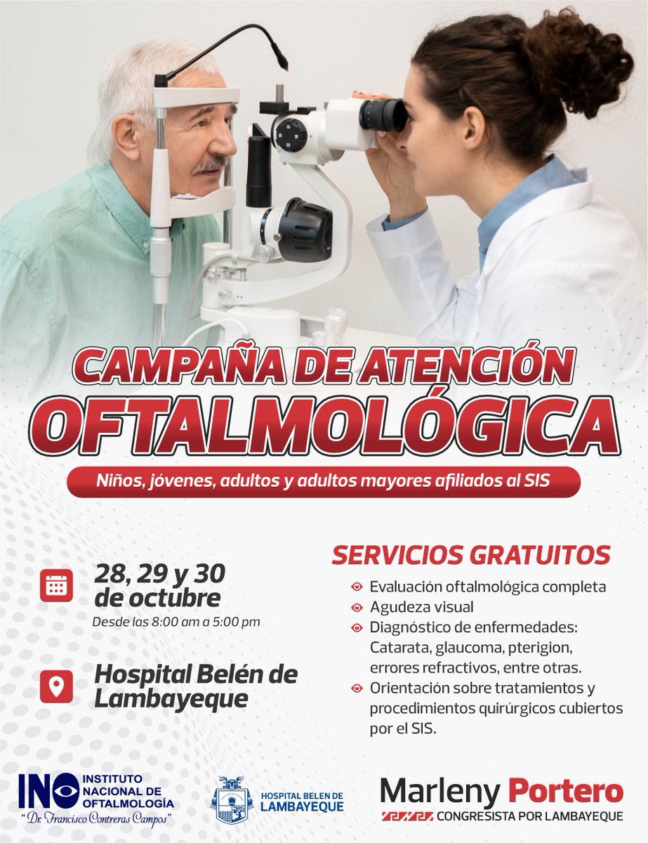 marleny_portero's tweet photo. 🚨🚨𝐀𝐓𝐄𝐍𝐂𝐈𝐎́𝐍 𝐂𝐇𝐈𝐂𝐋𝐀𝐘𝐎 🚨🚨
Tras las gestiones desde mi despacho en @congresoperu,  el INO este 28,29 y 30 de octubre llega con la campaña 𝑮𝑹𝑨𝑻𝑼𝑰𝑻𝑨 de atención oftalmológica al hospital Belén de Lambayeque. #Adelante https://t.co/2inVn1Dtyi