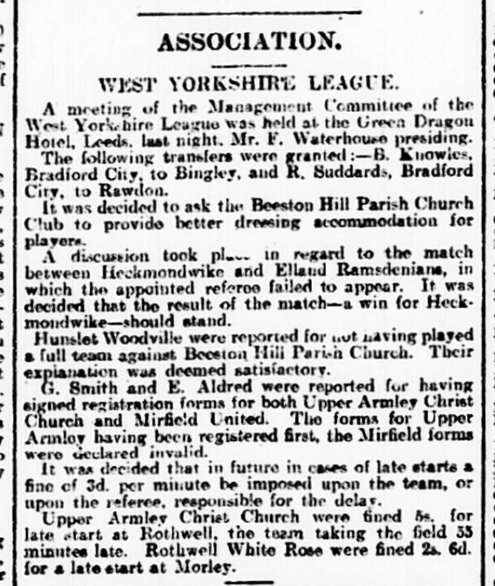 leeds_snippets's tweet image. Football news from the West Yorkshire League, 1905. Poor dressings at Beeston, referees not turning up, players registered for two clubs and late arrivals for games was all on the agenda.