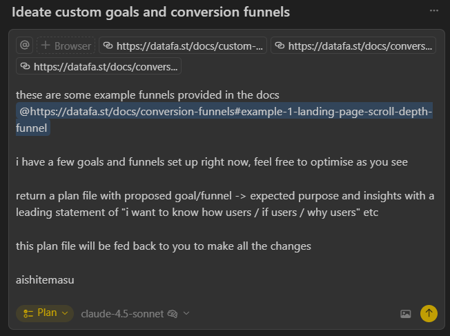 codeBeboo's tweet image. Trying out Cursor background agents for the first time
using it to create meaningful @DataFast_ custom goals and conversion funnels
let's see how this goes