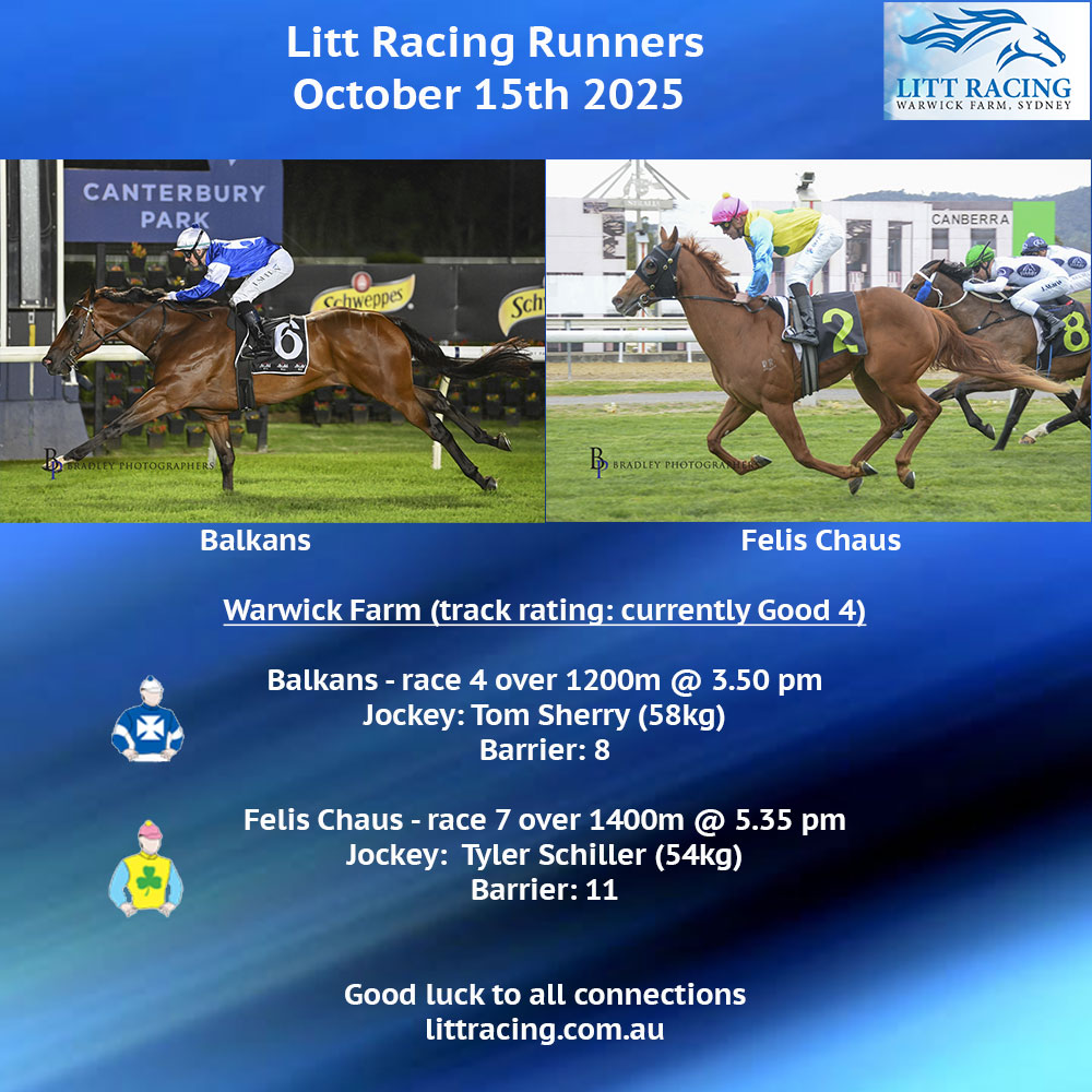 Today, we are racing at our home track, Warwick Farm Racecourse. BALKANS returns after a quick freshen over 1200m, and FELIS CHAUS is 4th-up over 1400m and shooting for city glory. Good luck to all connections, our boys and their jockeys.