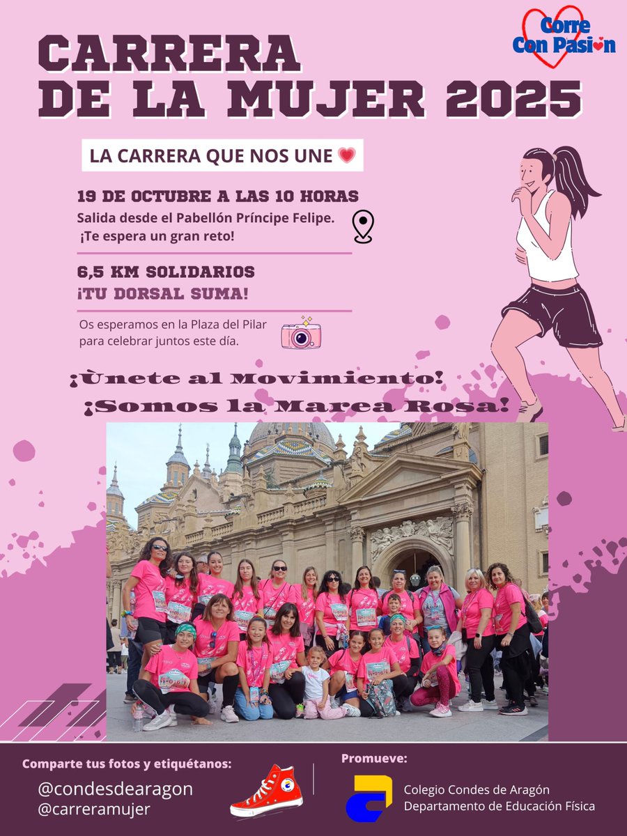 *Condes de Aragón con la Marea Rosa*
🗓️ Domingo 19 de octubre
⏱️ Hora. 10:00 AM
📍 Punto de encuentro: Pabellón Príncipe Felipe 
👟 6 km. recorriendo Zaragoza.
📸 Después de la carrera, nos vemos en la Plaza del Pilar.
🎒SOLIDARIDAD y COMPROMISO porque "TU DORSAL SUMA" 💕