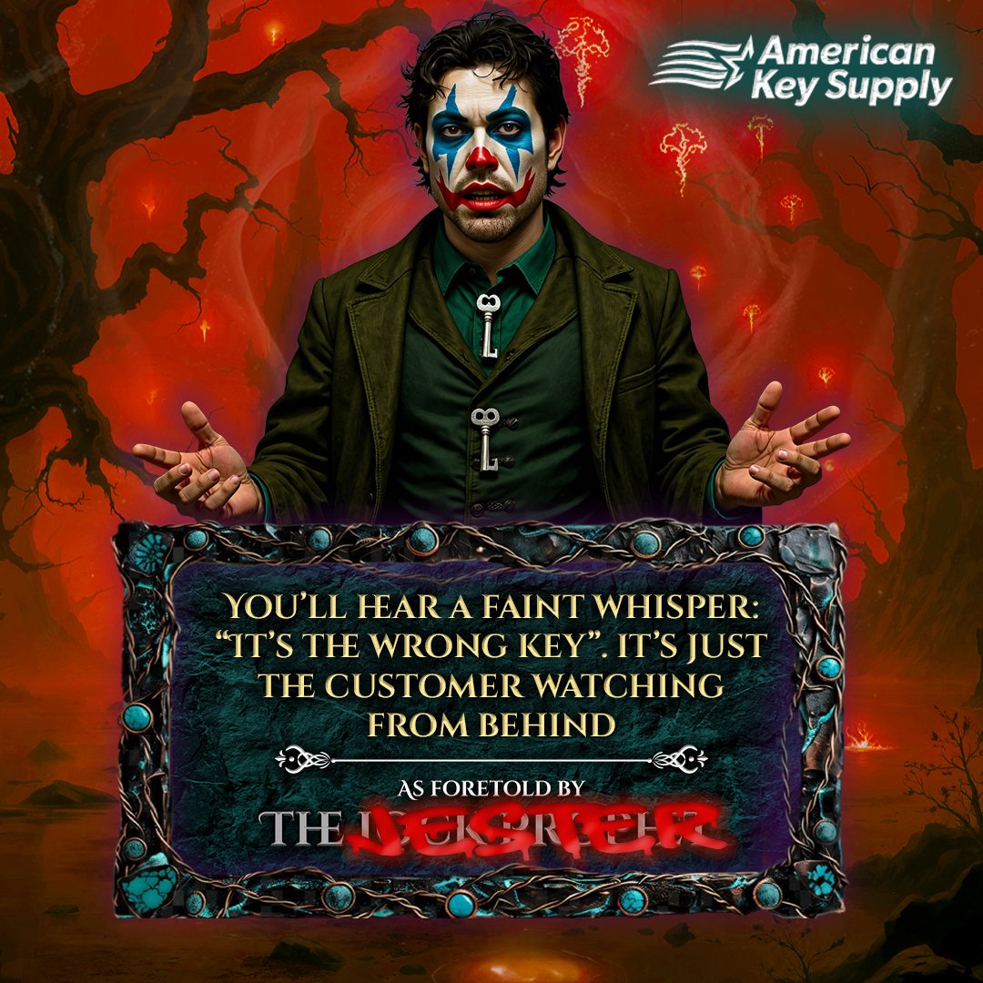 AmerKeySupply's tweet image. THE LOCK PROPHET 
This week’s prophecy comes not from the shadows… but from the circus of chaos itself. 
“You’ll hear a faint whisper: ‘It’s the wrong key.’ It’s just the customer… watching from behind.”
Foretold by The Jester, who reminds us:

#TheLockProphet #TheJester