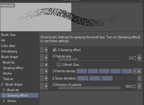 its v easy to make this! no textures or anything. dual brush, both round, and on the 2nd brush you set the spray effect like this. then set the particle size to pen pressure!