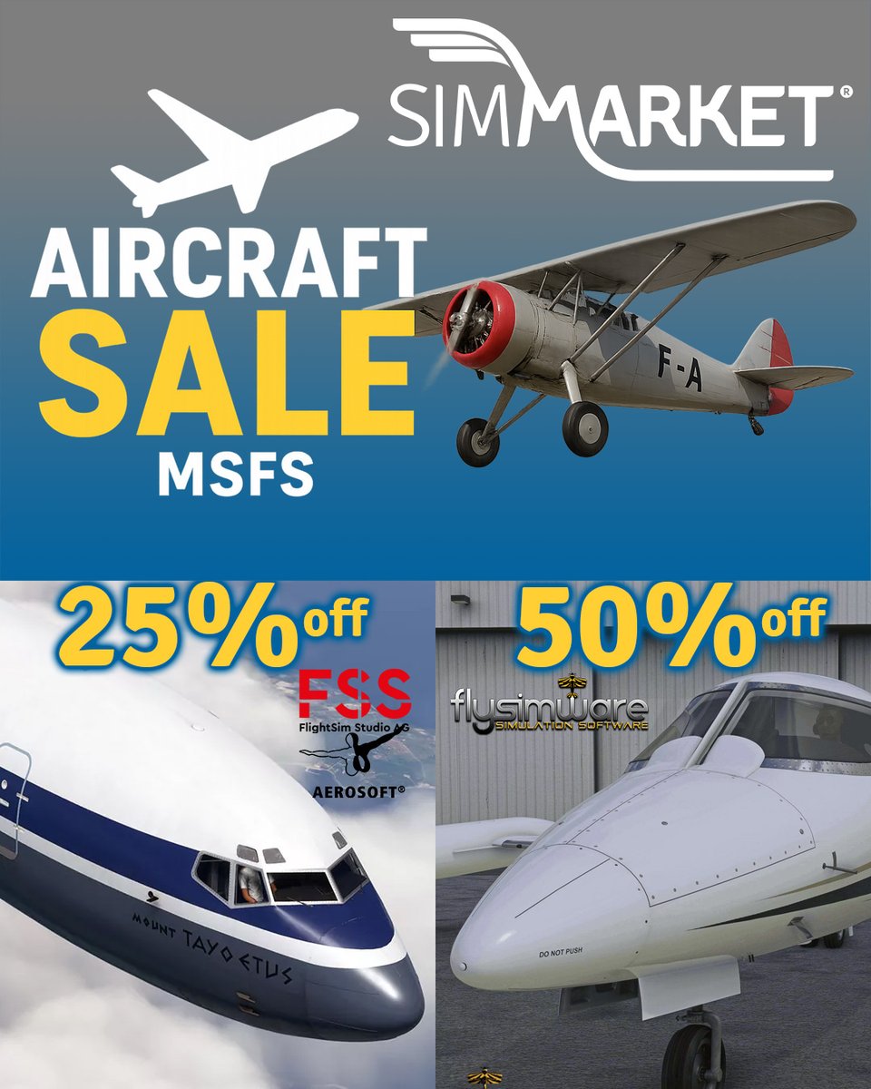 simflight's tweet image. 1/3 ⬇️
✈️ MSFS AIRCRAFT SALE at SIMMARKET!
up to -50% OFF this week only

🔥 AEROSOFT - FlightSim Studio B727 Freighter/Passenger MSFS24/20
25% OFF until Oct19👇
 secure.simmarket.com/promotions.php…

🦅 Flysimware - Learjet 35A MSFS
30% OFF 👇
 secure.simmarket.com/flysimware-llc…

#MSFS20 #MSFS24