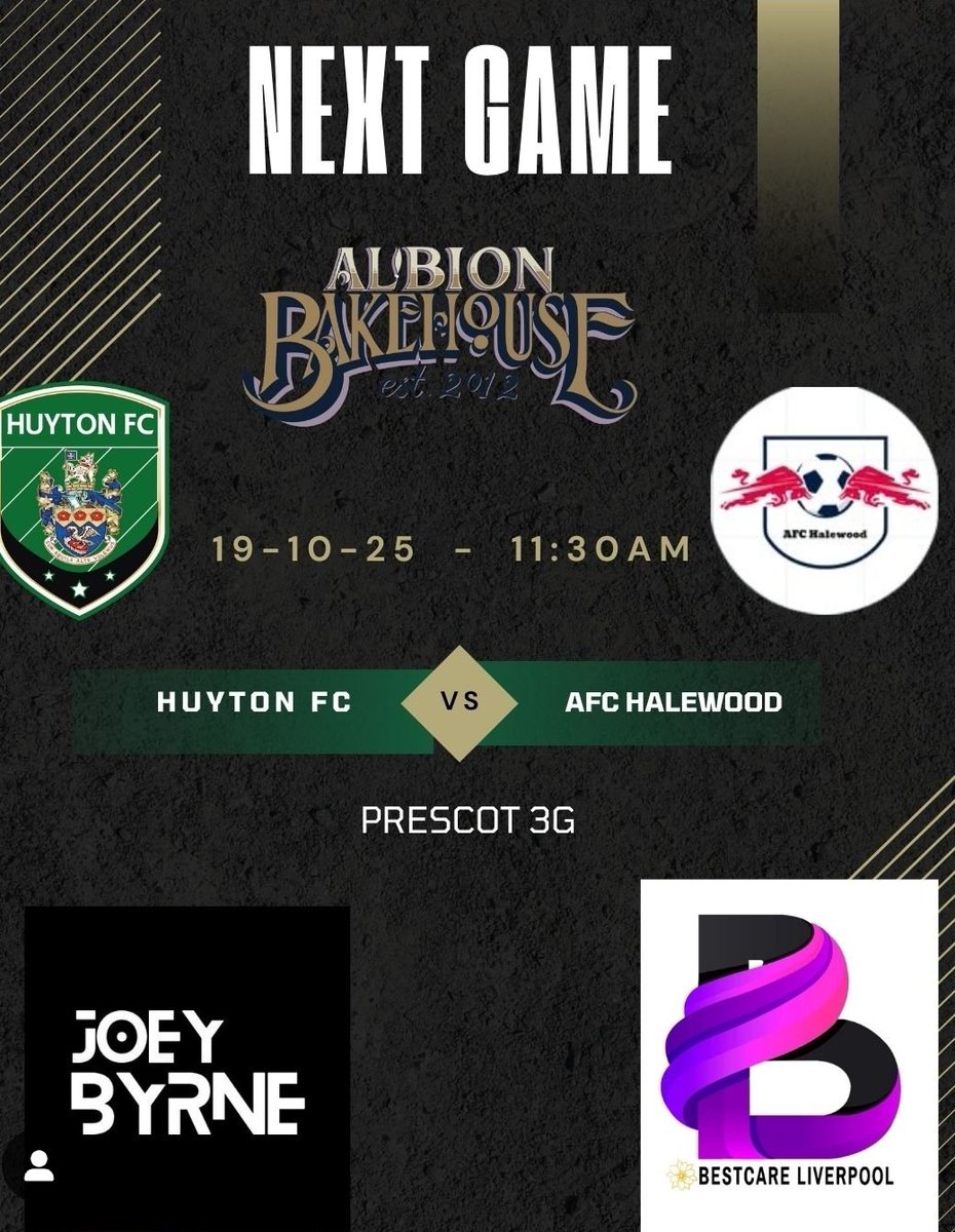 Sunday we host <a href="/AfcHalewood/">Halewood AFC</a> 
Had a couple of decent games with these lads over the past couple of years. 
Sponsored by <a href="/albionbakehouse/">nina abh</a> 
Give the page a visit.  Best cakes in Britain.