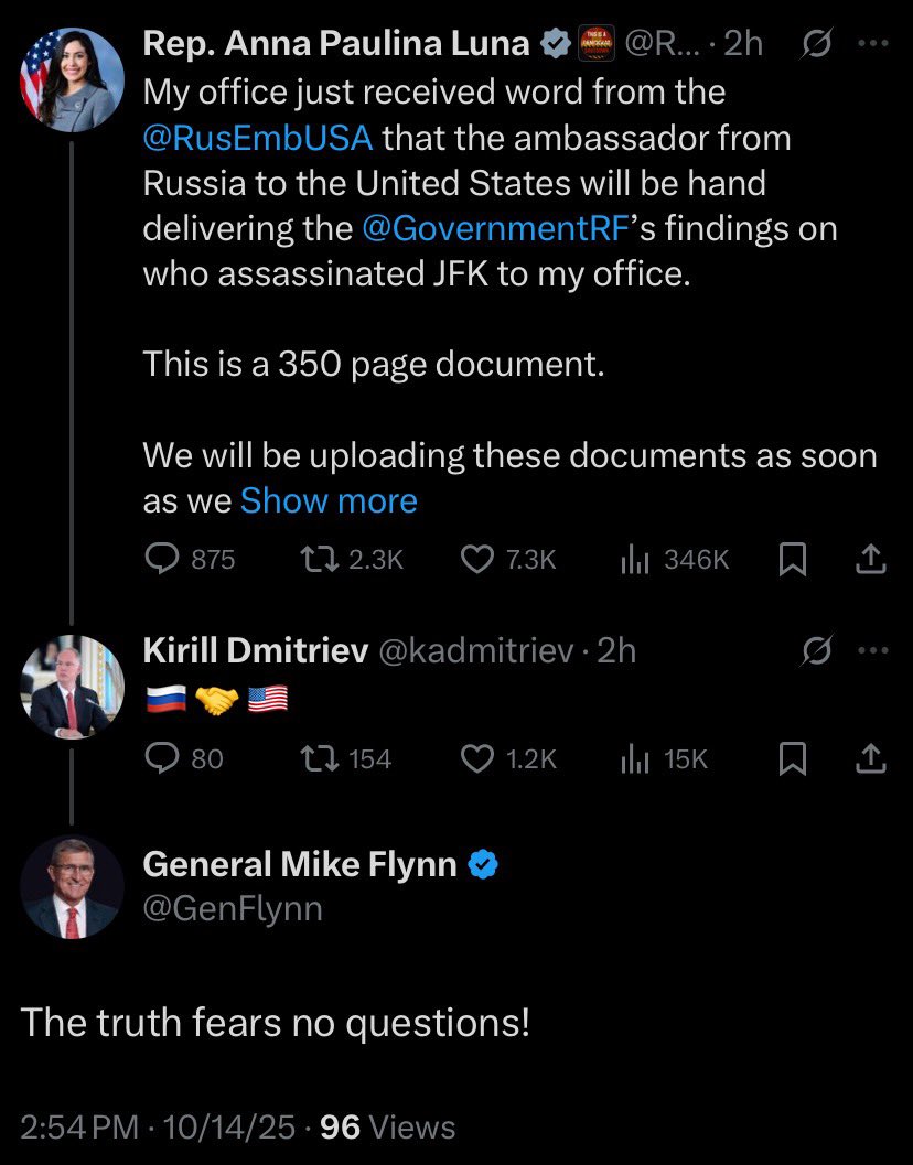 Days after announcing her meeting with Putin’s Special Envoy for Russia who has been posting screenshots of Q drops, Anna Paulina announced that Russia will be delivering their findings on who kiIIed JFK.

This should be interesting..