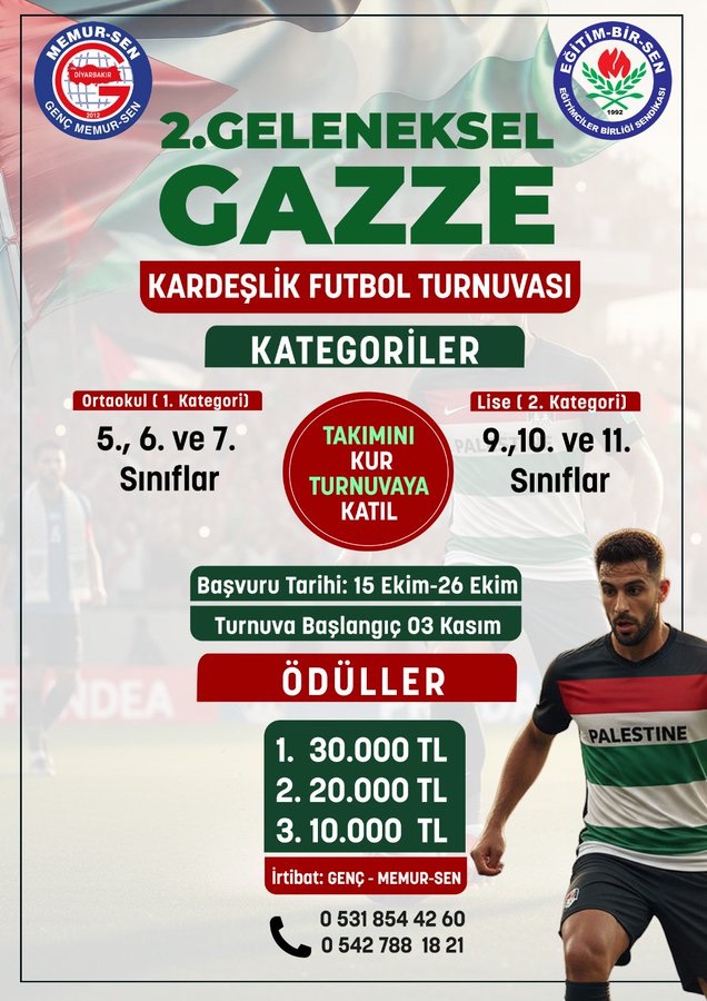 ⚽🔥 SAHAYA YÜREĞİMİZİ KOYUYORUZ!

Bu turnuvada kazanan kardeşlik olacak!

🇹🇷🇵🇸 Geleneksel 2. Gazze Kardeşlik Futbol Turnuvamız Başlıyor!
Takımını kur, sahaya çık, oyna!

Gençlerin duyarlılığını sahaya taşıyacağı bu organizasyonda öğrencilerimizin yanında olmaktan gurur duyuyoruz