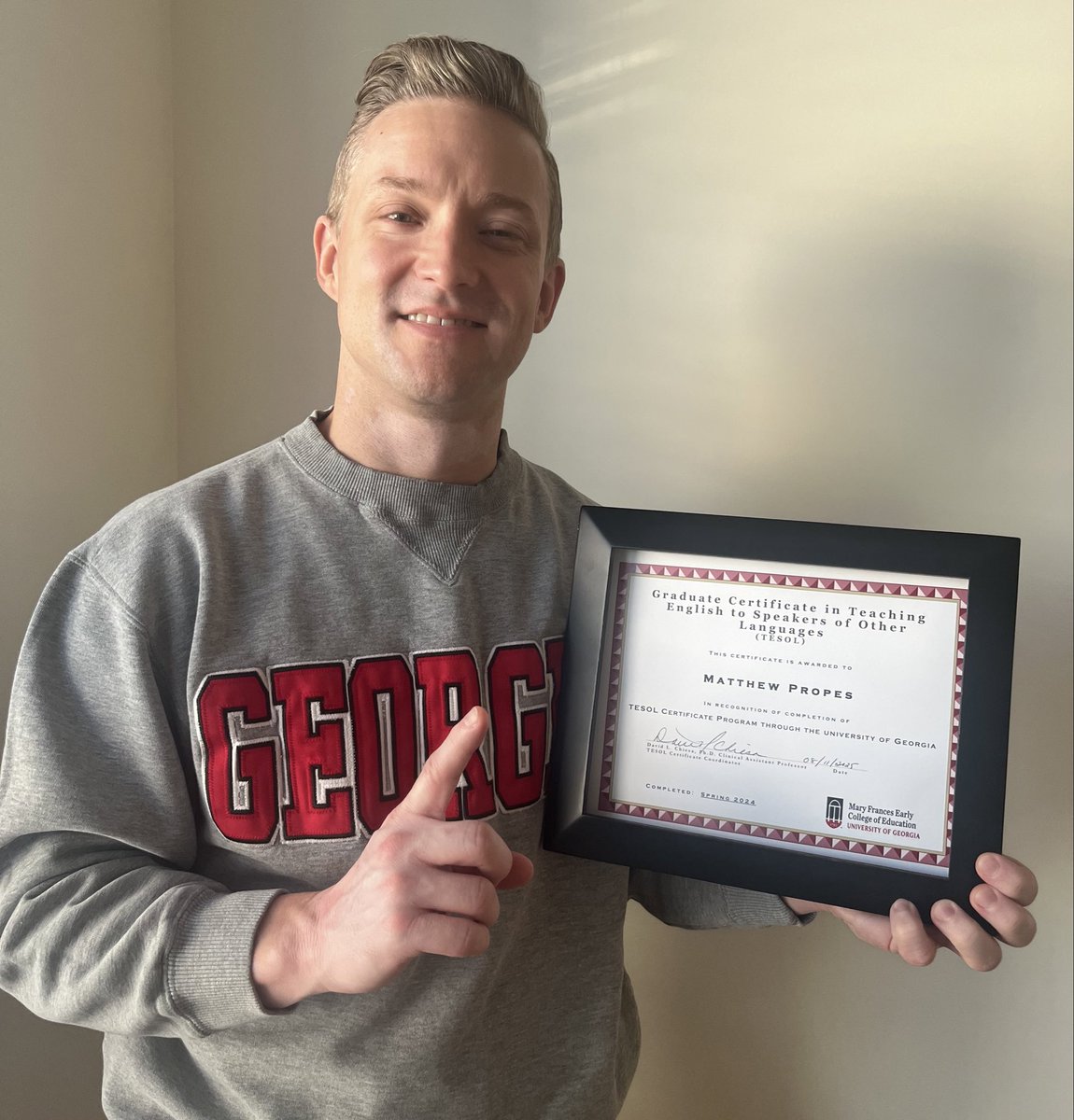matthewtpropes's tweet photo. I’m thankful to announce that in December of last year, I completed the Graduate Certificate Program in TESOL (Teaching English to Speakers of Other Languages) at @universityofga &amp; I’m thrilled to announce that I was accepted in the Master of Education program in (cont.) https://t.co/6GyezWBXjs