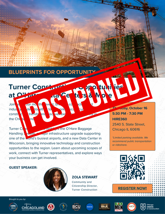 HIRE360Partners's tweet photo. Our Blueprints for Opportunity session with @turner_talk has been postponed, but we’ll be back! If you’ve already registered, your spot is saved. Stay tuned for updated event details and we’ll see you soon at the HIRE360 Training and Business Development Center. https://t.co/JzteYTL90B