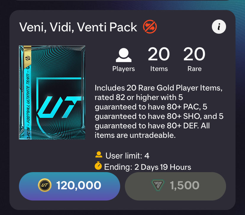 KillerFutCoins's tweet image. 🚨FC 26 120K Veni, Vidi , Venti Pack Giveaway🚨

To have a chance of winning 

- Like &amp;amp; Retweet 
- Follow me &amp;amp; @KFutCoins 
- Comment down your platform 👇

#FC25 #EAFC #EAFC26