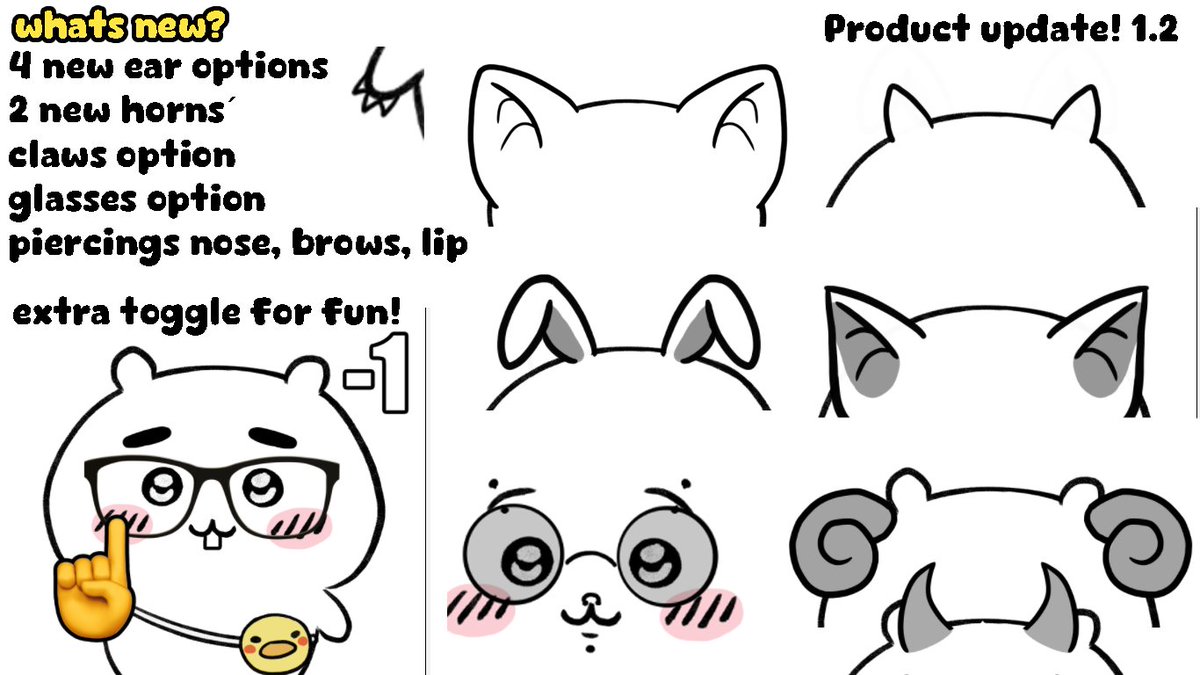 here's an overview of the new add-ons coming tomorrow for our vtuber chiikawa

- 2 new horns
- 4 new ears
- glasses
- 4 piercings
- claws

- +1 expression toggle