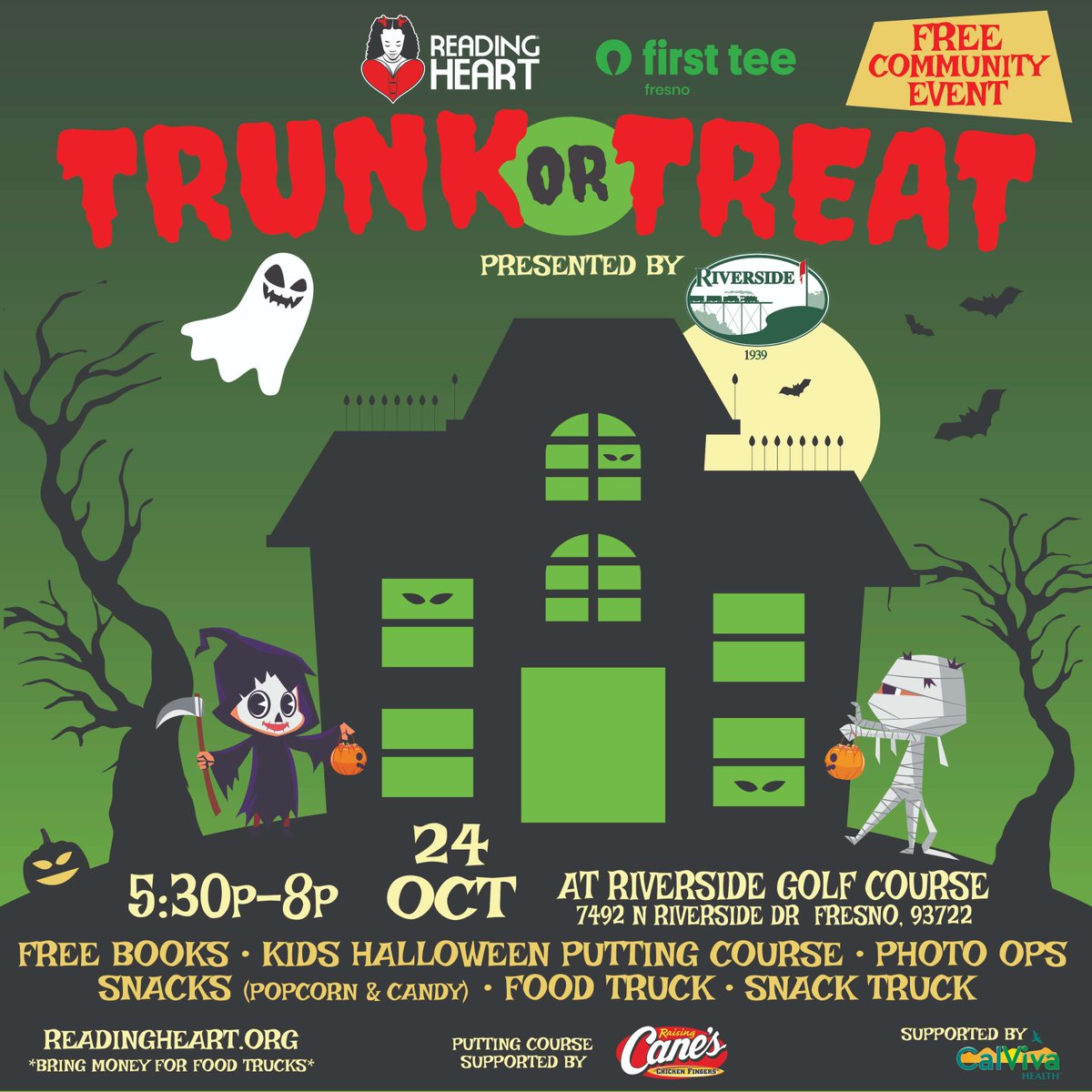 Get ready for a spooky good time! Join First Tee - Fresno &amp; Reading Heart for TRUNK or TREAT, a FREE community event on Oct 24, 5:30–8 PM at Riverside Golf Course (7492 N Riverside Dr, Fresno). Free books, candy, food trucks &amp; family fun!

#TrunkOrTreat #ReadingHeart