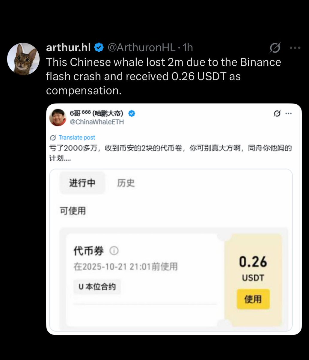 CryptoCurb's tweet image. 🚨 JUST IN: CHINESE WHALE LOST $2,000,000 IN THE BINANCE FLASH CRASH AND RECEIVED $0.26 IN @BINANCE “RECOVERY AIRDROP”
BINANCE WAS SOLELY RESPONSIBLE FOR FLASH CRASH FROM FAULTY INTERNAL PRICE ORACLES THAT RESULTED IN $400,000,000,000 LIQUIDATIONS
GET YOUR FUNDS OFF BINANCE