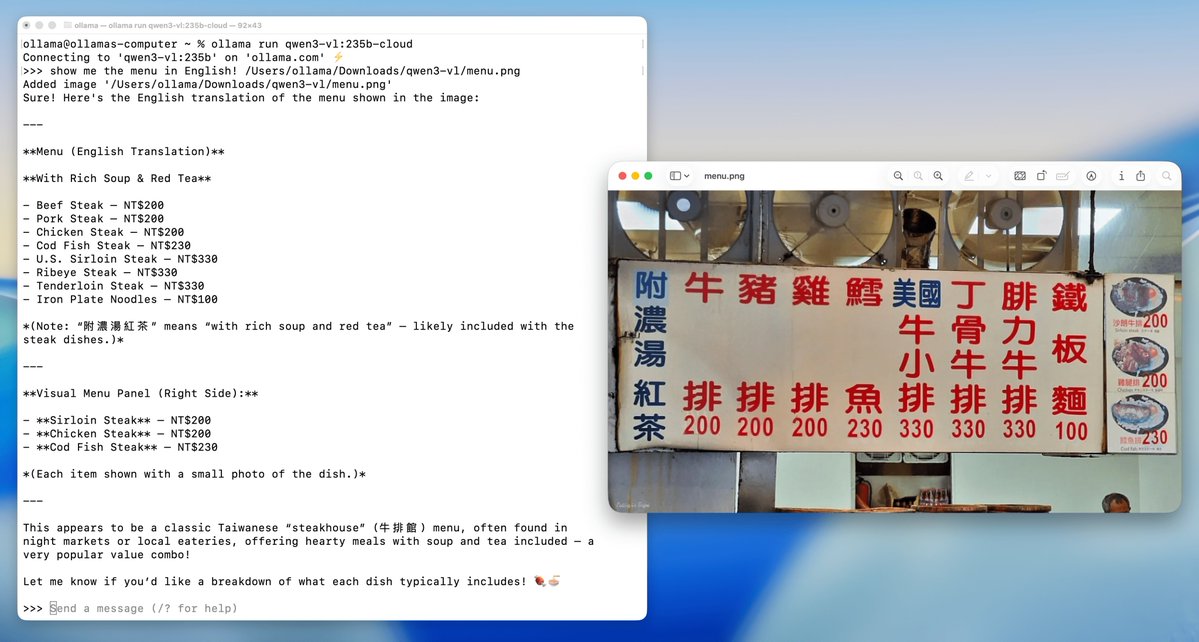 ollama's tweet image. Qwen3-VL 235B is available on Ollama&apos;s cloud! It&apos;s free to try. 

ollama run qwen3-vl:235b-cloud 

The smaller models, and the ability to run fully on-device will be coming very soon! 

See examples and how to use the model on Ollama! 

👇👇👇