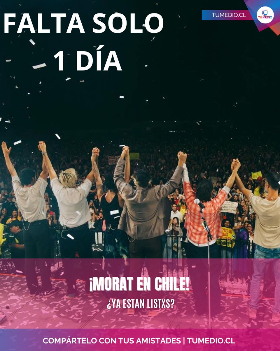 ¡Ya falta solo 1 DÍA para resolver Asuntos Pendientes con <a href="/MoratBanda/">Morat</a> ! 😍🎶

Nos preparamos para cantar a todo pulmón “Vuelvo A Ti”, “Por Si No Te Vuelvo A Ver”, “Cuando Nadie Ve” y cada himno que nos une 💛🇨🇱

🎤 ¿Cuál NO te puedes perder?

#MoratEnChile #AsuntosPendientesTour