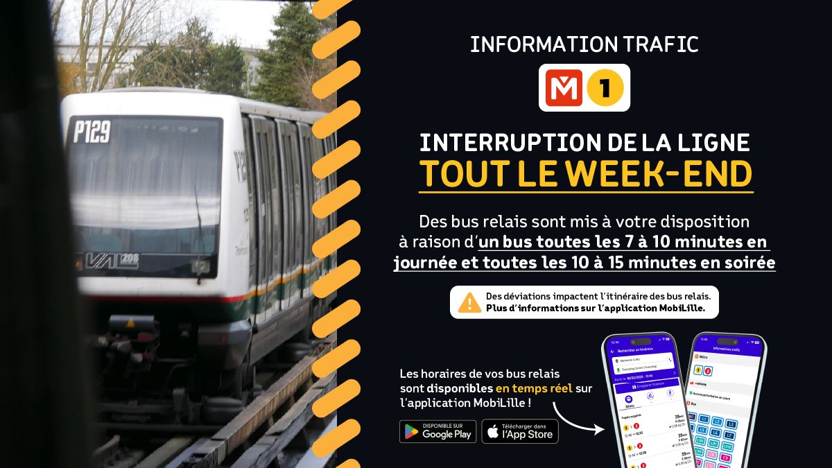 MobiLille (@mobilille_) on Twitter photo ❌ Ce week-end (18 et 19 octobre), la ligne 1 du #métro sera totalement interrompue.
👉 Des bus relais sont mis à votre disposition, toutefois ils sont impactés par une déviation. Plus d'infos dans l'app MobiLille.
📲 Horaires et infos : linktr.ee/mobilille ❌ Ce week-end (18 et 19 octobre), la ligne 1 du #métro sera totalement interrompue.
👉 Des bus relais sont mis à votre disposition, toutefois ils sont impactés par une déviation. Plus d'infos dans l'app MobiLille.
📲 Horaires et infos : linktr.ee/mobilille