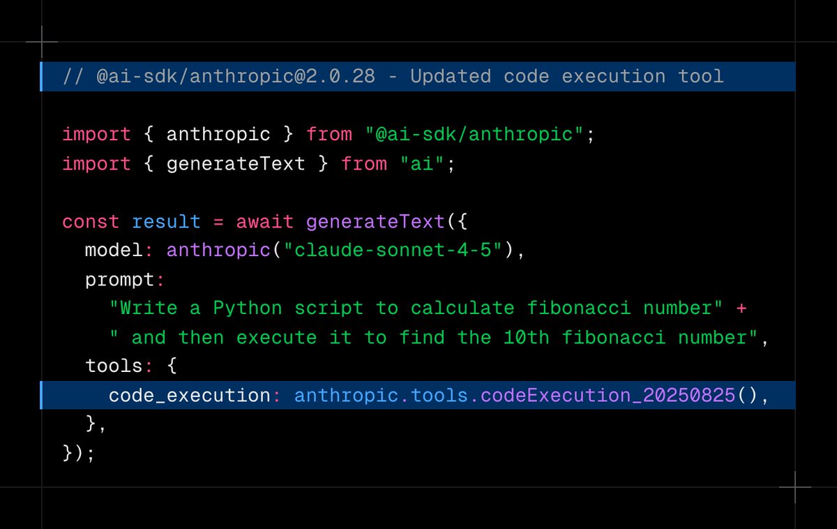 aisdk's tweet image. Use Anthropic&apos;s latest code execution tool.