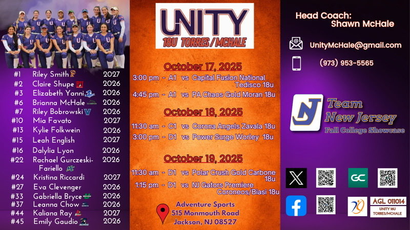 So excited for another weekend of fall ball! 🥎 🍂Hoping to see some familiar faces in Jackson, NJ📍! Let's go Unity! 💜🧡
<a href="/UnityMchale/">UNITY 18U Torres/McHale</a> <a href="/UnityNewJersey/">New Jersey Unity</a> <a href="/S_McHale12/">Shawn</a> <a href="/LegacyLegendsS1/">Legacy & Legends Softball</a> <a href="/ExtraInningSB/">EXTRA INNING SOFTBALL</a> <a href="/ALLNJSoftball/">NJ softball</a> <a href="/QrRecruiter/">QR RECRUITER</a> <a href="/TopPreps/">AI SEARCH - TOP PREPS AI SPORTS SEARCH ENGINE</a> <a href="/SBRRetweets/">Softball Recruiting Reposts</a> <a href="/IHartFastpitch/">I❤️Fastpitch</a> <a href="/CoastRecruits/">Coast 2 Coast Recruits</a>