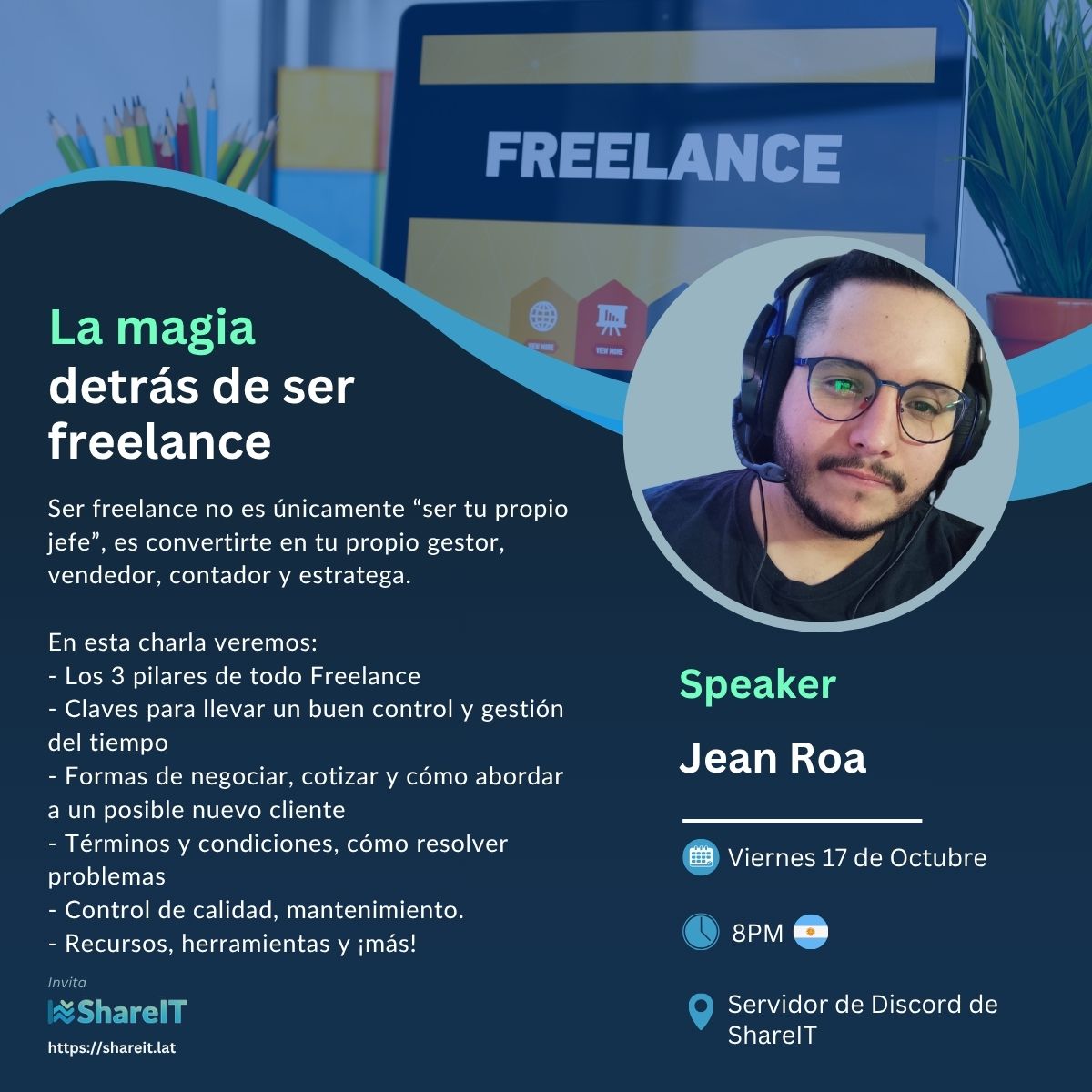shareit_tech's tweet photo. 🔧 Ser freelance no es “ser tu propio jefe”.

Es ser tu propio vendedor, gestor, negociador y estratega.

🎙 @chmodking comparte:
• 3 pilares del freelance
• Cómo cotizar y negociar
• Gestión del tiempo y clientes
• Recursos y herramientas reales

👉 ¿Te sumás? https://t.co/plvxKZTsnA