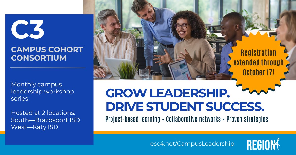 More time to join C3. Registration is open through Friday, Oct. 17.

Grow your leadership, collaborate with peers, and apply strategies that improve teaching and learning. Seats are limited.

Secure your spot today!  bit.ly/R4CLS-Home

#TxEd