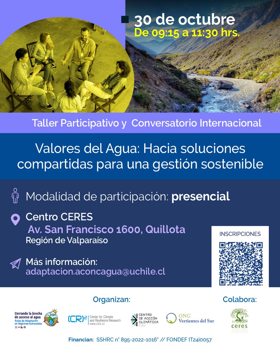 💧¿Qué valor tiene el agua para ti?
Te invitamos a participar del presente taller y conversatorio. Contaremos con un panel internacional con representantes de Uruguay, Argentina y Canadá.
Inscripción: bit.ly/ValoresAgua
Más información: redporelagua.cr2.cl
¡Te esperamos!