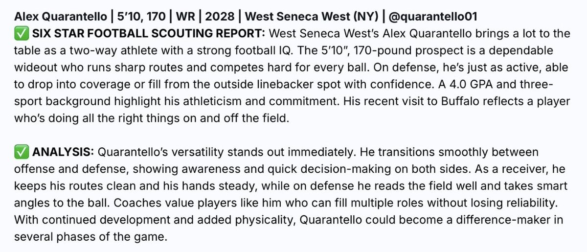 quarantello01's tweet photo. Thank you @sixstarfootball for the scouting report! @wny_football @WNYAthletics @WSWWarhawks @LITMINC @BTPMLocalSports @CoachKeighron https://t.co/8CbKoVGBcF