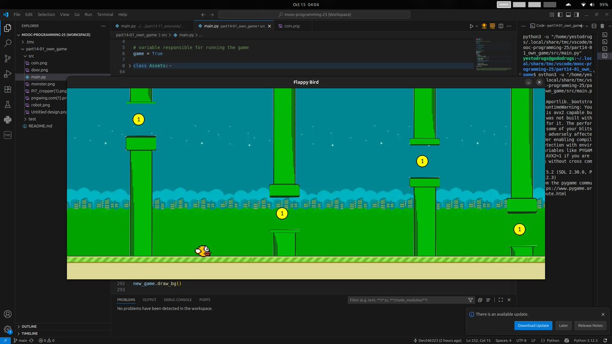 devhirawat3204's tweet image. Pipes move, collisions register, coins exist for points.  I should feel accomplished, but instead i just feel… tired. Each frame of the game loop is a small reminder that joy is optional and debugging is eternal.
#Python #MOOC #Project