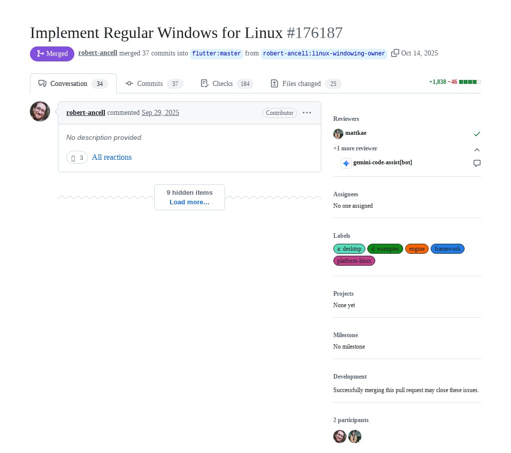 FlutterMerge's tweet image. "Implement Regular Windows for Linux" by Robert Ancell was merged into #Flutter master github.com/flutter/flutte…
