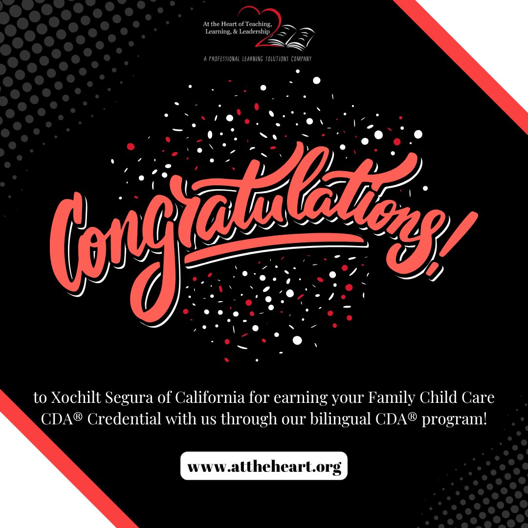 🎉¡Felicidades! 🎉 We’re proud to celebrate one of our amazing Spanish Family Child Care Providers for their dedication to early childhood education! 🌟
Earn your CDA Credential™ with us — available in English or Spanish! 💛
👉 attheheart.org