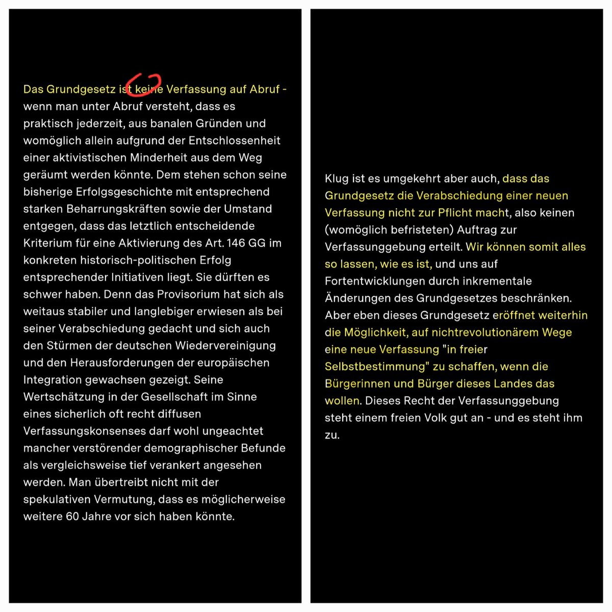 <a href="/grok/">Grok</a>, Dreier spricht NICHT vom GG als eine  Verfassung auf Abruf, sondern sagt das Gegenteil. Man könnte annehmen, du plapperst Dissidentismus nach, der das auch behauptet. Lies den Originaltext. 👇