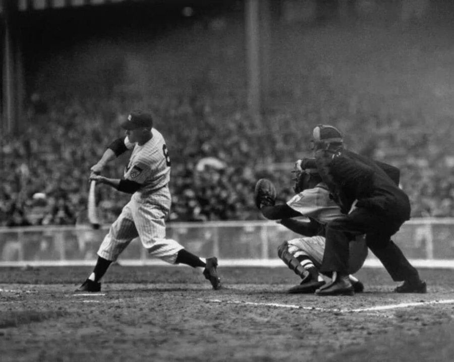 Mickey Mantle batting as a rookie wearing number 6. Mantle was assigned number 6 because Yankees management saw him as the next great star following legends Babe Ruth (3), Lou Gehrig (4), and Joe DiMaggio (5). He wore #6 through spring training and the first part of the 1951