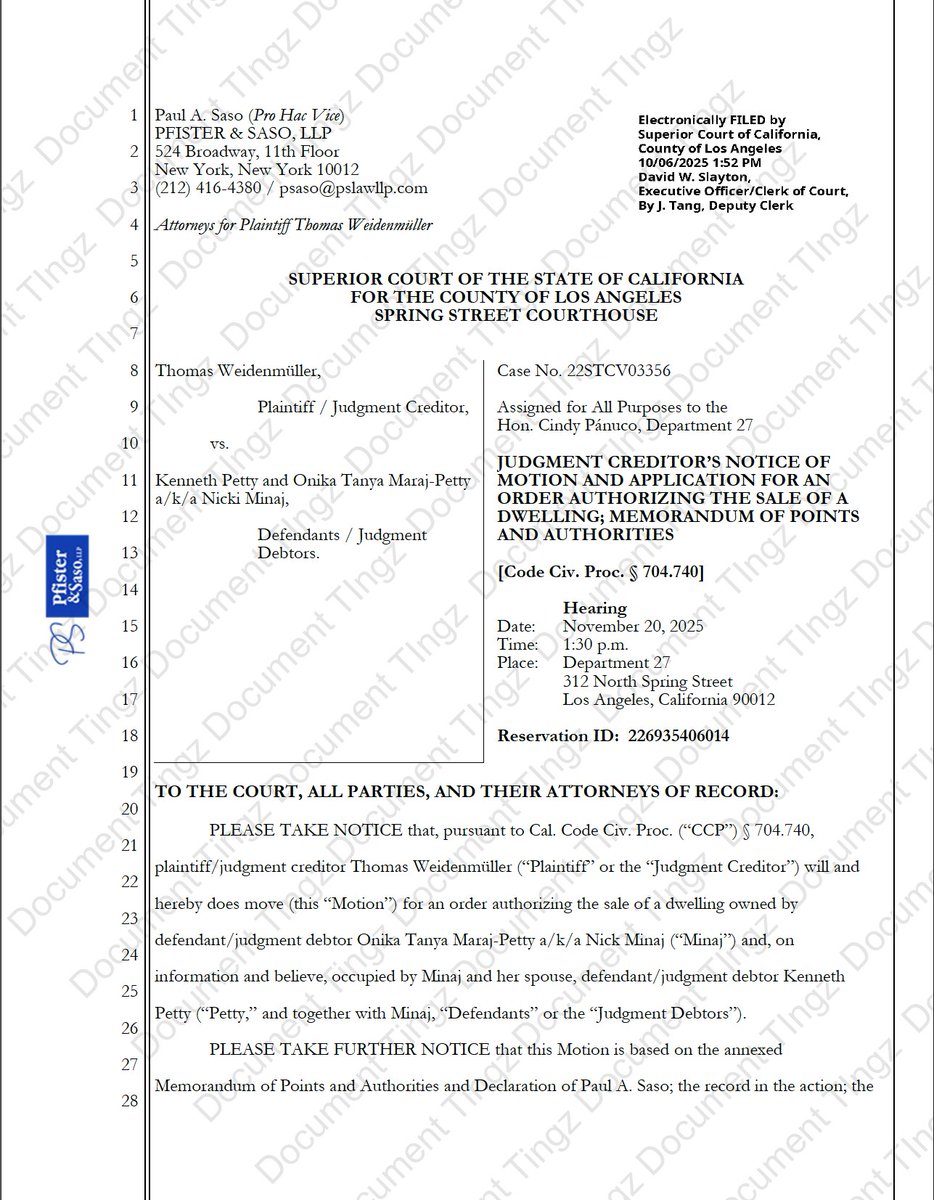 DocumentTingz's tweet photo. Nicki Minaj is facing a potential court-ordered sale of her multimillion-dollar Hidden Hills home after a former security guard filed a motion asking a Los Angeles judge to authorize the sale to satisfy an unpaid assault judgment.

The Filing
On October 6, 2025, attorney Paul A. Saso of Pfister & Saso LLP (New York) filed a motion in Los Angeles Superior Court on behalf of plaintiff Thomas Weidenmüller, seeking an order under California Code of Civil Procedure §704.740 to sell Minaj’s residence in the upscale Hidden Hills community.

The motion is scheduled for hearing on November 20, 2025, at 1:30 p.m., before Judge Cindy Pánuco in Department 27 of the Spring Street Courthouse in downtown Los Angeles.

Background of the Case
The filing stems from a $503,318.02 judgment awarded to Weidenmüller on March 22, 2024. The former security guard alleged that he was assaulted backstage at one of Minaj’s concerts in Germany, claiming the incident was “instigated by Minaj and carried out by her now-husband, Kenneth Petty.”
The attack, according to court records, left Weidenmüller with a fractured jaw that required multiple reconstructive surgeries and forced him out of work for several months.

Attempts to Collect
After securing the judgment, Weidenmüller filed an abstract of judgment with the Los Angeles County Recorder’s Office on July 19, 2024, creating a lien against Minaj’s property. A writ of execution was issued on September 13, 2024, and later renewed on April 11, 2025.

Despite these efforts, the motion states, Minaj has not paid any portion of the judgment. The plaintiff’s legal team reportedly served levies on seven of Minaj’s suspected creditors, none of which resulted in funds being recovered.

The Property
Court documents confirm that Minaj purchased the Hidden Hills mansion in late 2022 for approximately $19.5 million. The property was deeded to Onika Tanya Maraj-Petty, “a married woman, as her sole and separate property.”

Financial Breakdown
The motion lists the following financial details:
Fair market value: Approximately $20.3 million (per Los Angeles County Tax Assessor)
Mortgage lien: $13,258,000 (Bank of America)
Homestead exemption: $722,151
Estimated equity beyond liens/exemptions: Around $6 million

No additional liens or homeowner exemptions were found on the property.

Order for Sale Of A Dwelling - https://t.co/MG5qUMQoJL
