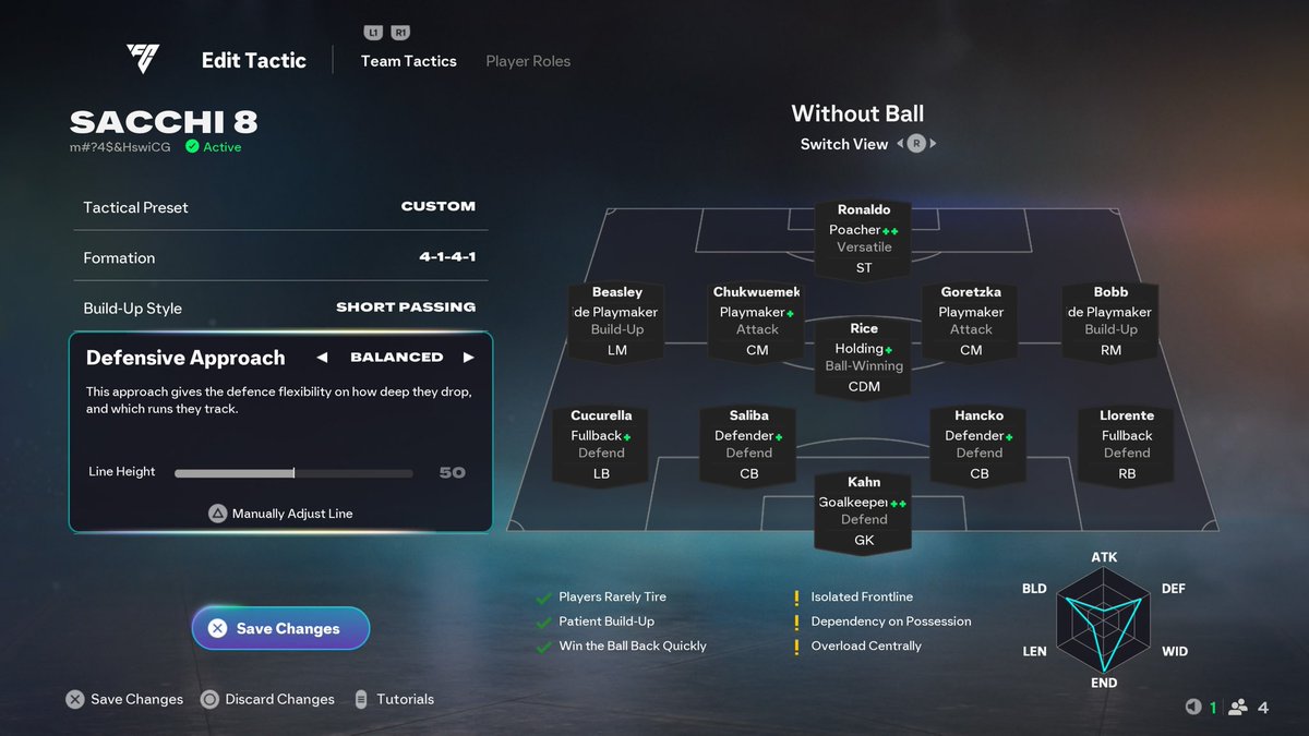 #تكتيكات_ساكي 

تكتيك هالاسبوع
خطة 4141

من امتع التكتيكات و في هالتكتيك تعنيف للناس الي تلعب بخطة 4231 او 4213 

الدفاع بالكامل البقاء فالخلف و المحور لافتكاك الكرة ويفضل لاعب عنده بلاي ستايل تيكي تاكا بالنسبة للأجنحة انا مخليهم لاعب وسط عالطرف يبني هجمة بسبب ان الخصم مايلقى