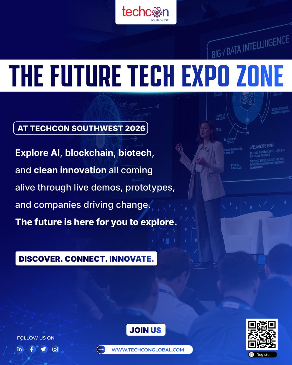 TechCon_Global's tweet image. Step into the Future Tech Expo Zone: live demos in AI/ML, blockchain & fintech, biotech & clean innovation. Meet teams ready for pilots, funding & partnerships. 
📍 Feb 12–13, 2026 • Bullock Museum, Austin. 
Details: techconglobal.com 
#techConsouthwest #techexpo #AI…
